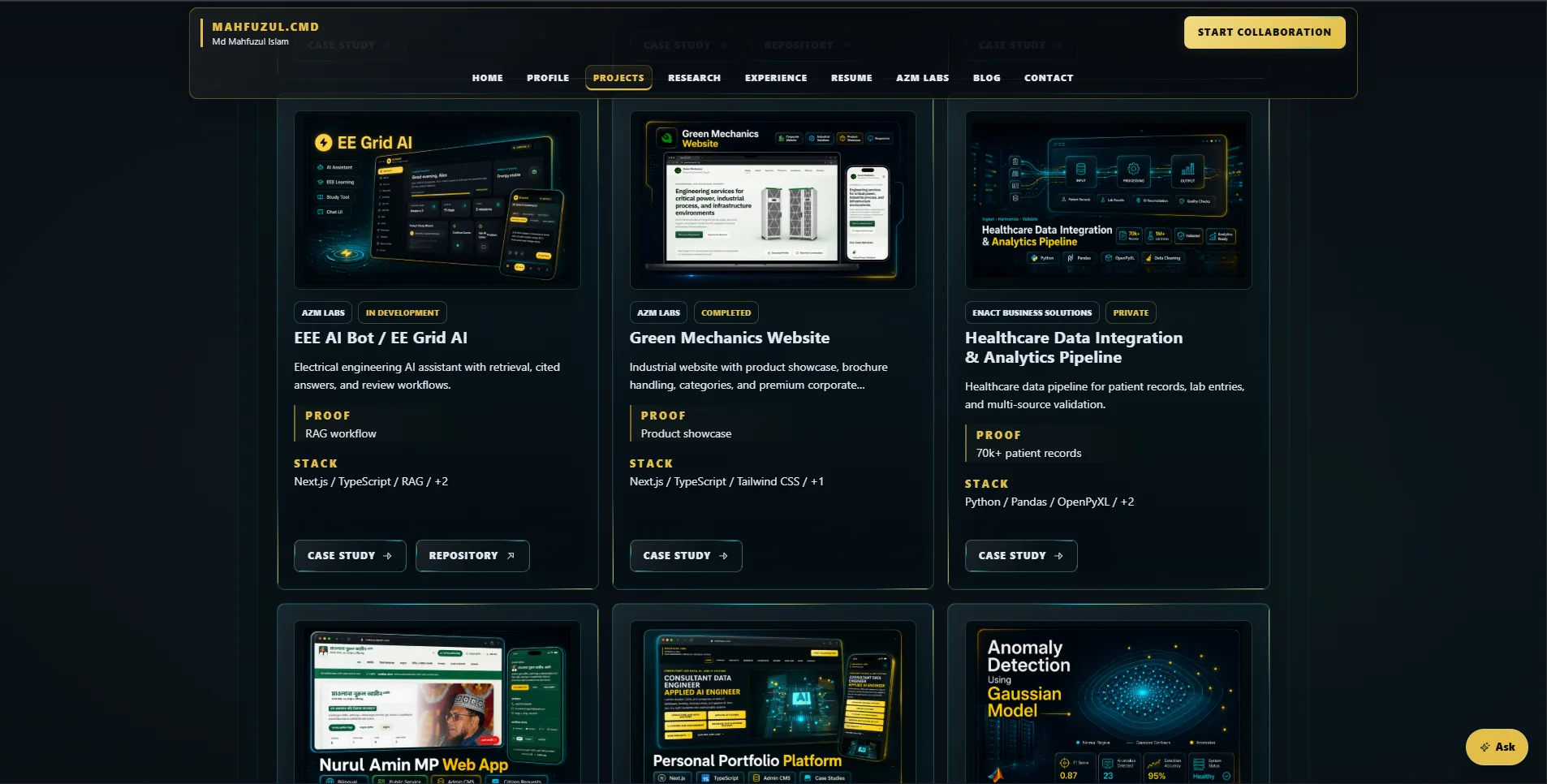 CEO AZM Labs Portfolio responsive screen 4