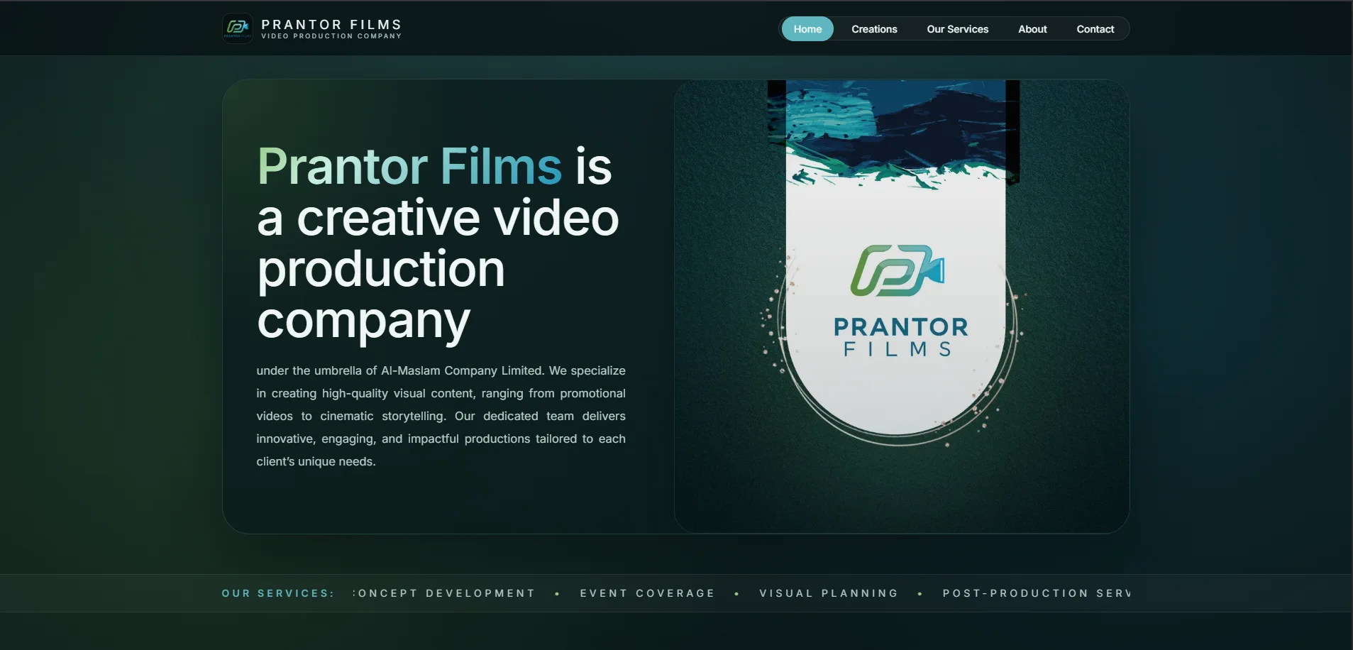 Prantor Films homepage and featured production work