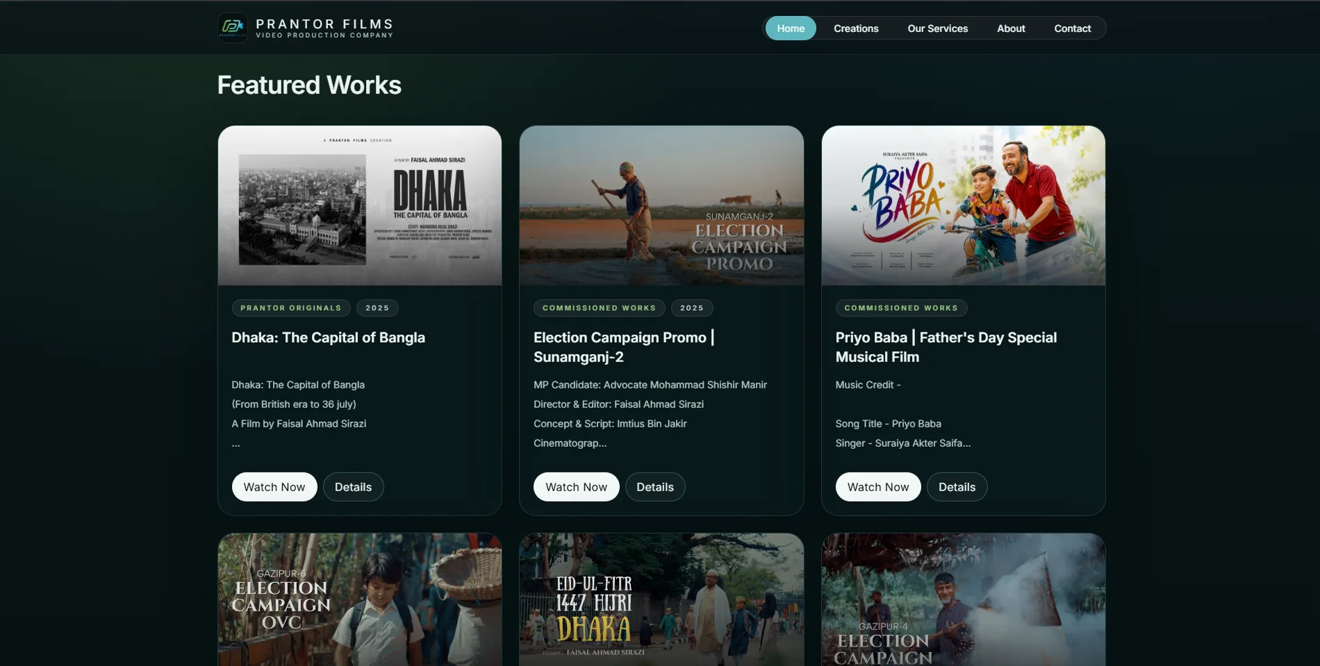 Prantor Films website portfolio interface