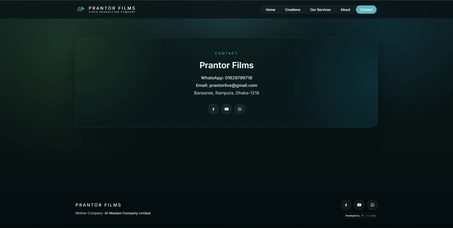 Prantor Films responsive contact page